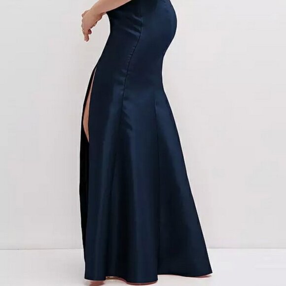Alfred Sung Midnight Blue Off the Shoulder Bow Satin Gown D854 - Picture 4 of 6